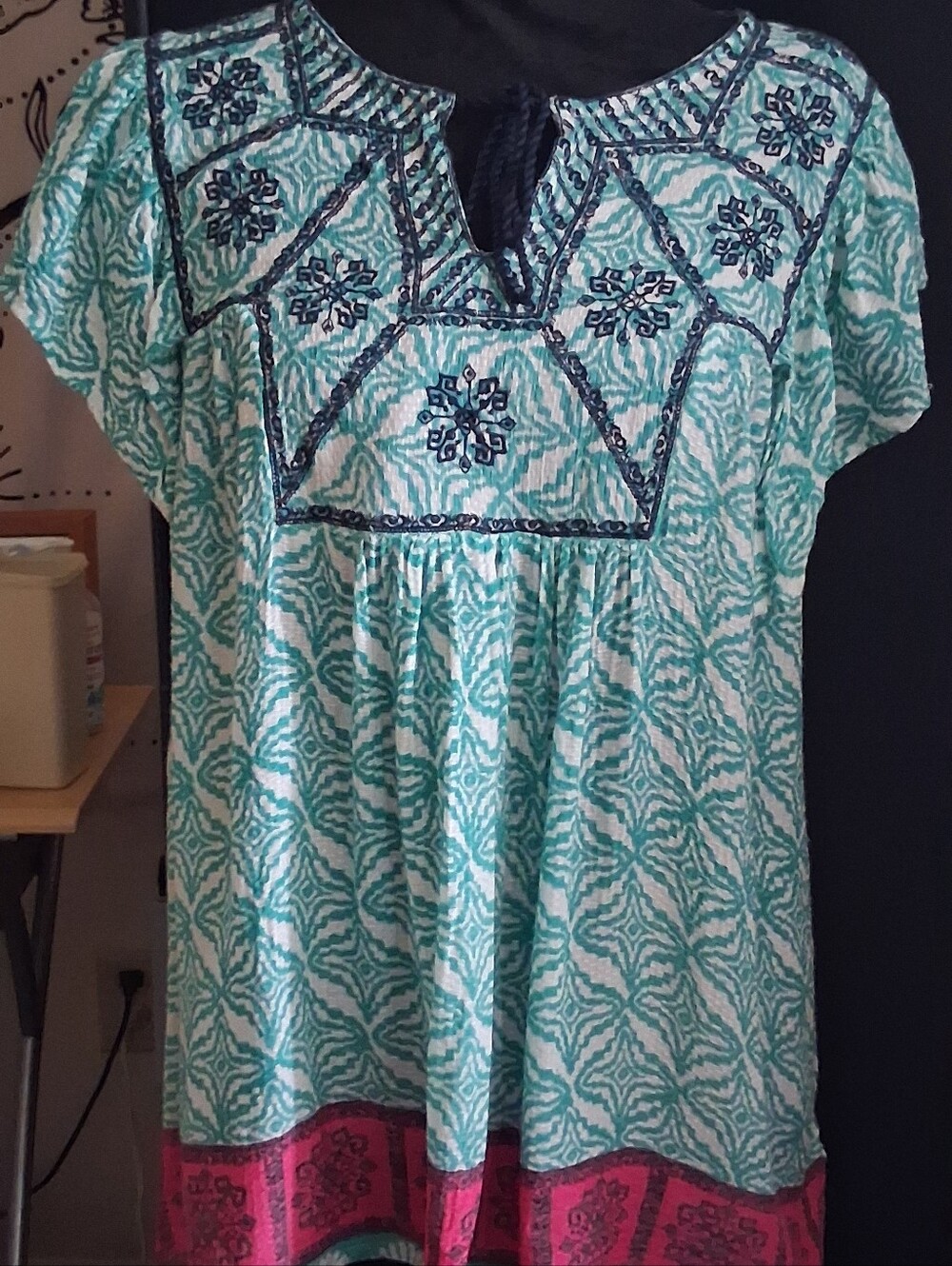 Rachel Zoe Teal and Pink Embroidered Short-Sleeve Tunic